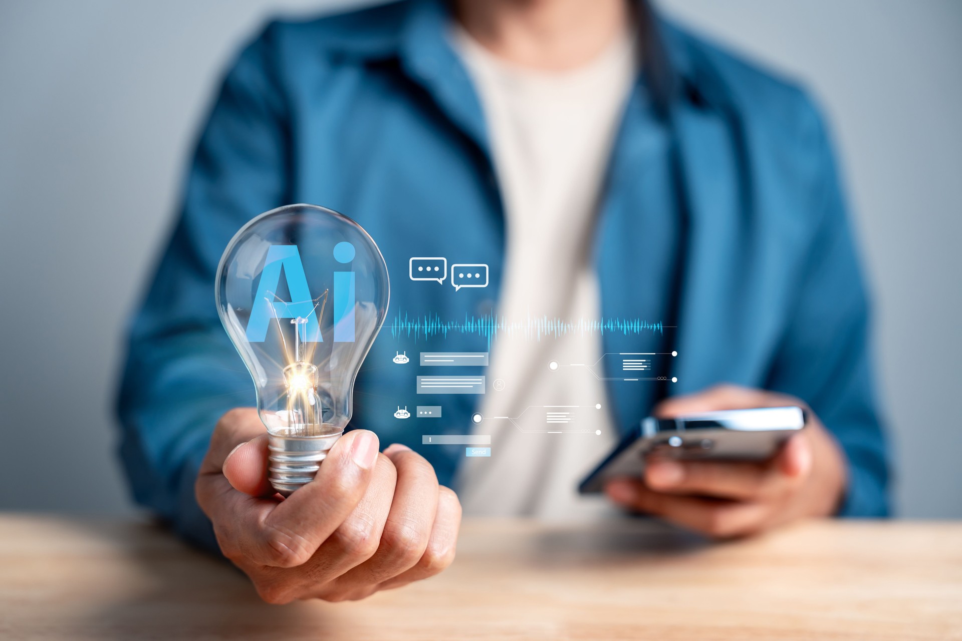 AI digital agent concept with light bulb, chat, soundwave. smart communication, chatbot interaction, artificial intelligence, and innovation in technology.