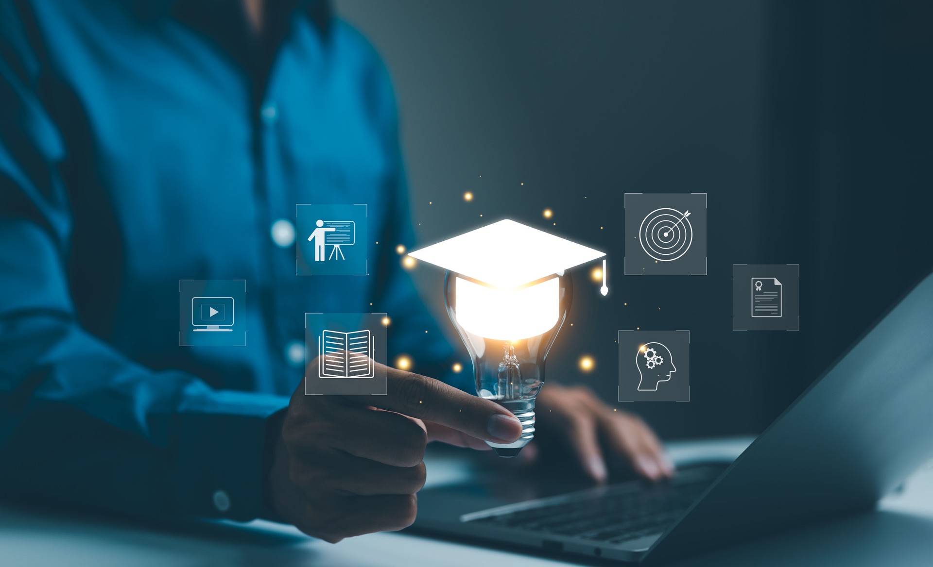 E-Learning Graduate Certificate Program Concept. A person with a light bulb symbolizing elearning, with icons education, online courses, and certification programs, the future of digital education,